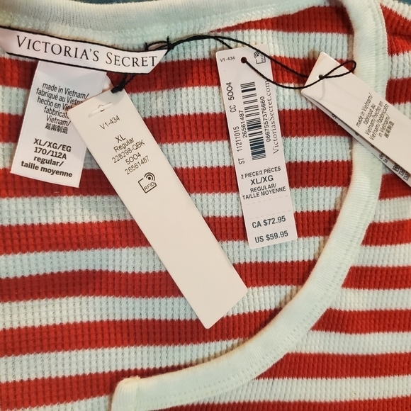 VICTORIA'S SECRET Striped Waffle Henley Long Sleeve Cream, Red Stretch Lounge XL - Picture 4 of 7